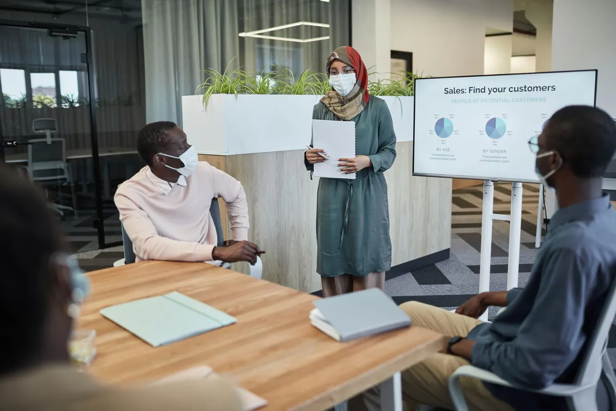 Team meeting with masks and a presentation on customer sales analysis.